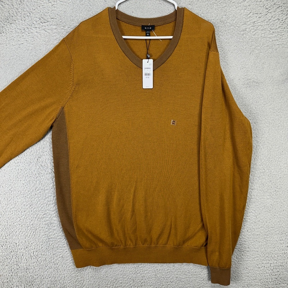 Express Mens V-Neck Sweater 2XL Tall Brown Merino Wool Pullover Long Sleeve NEW